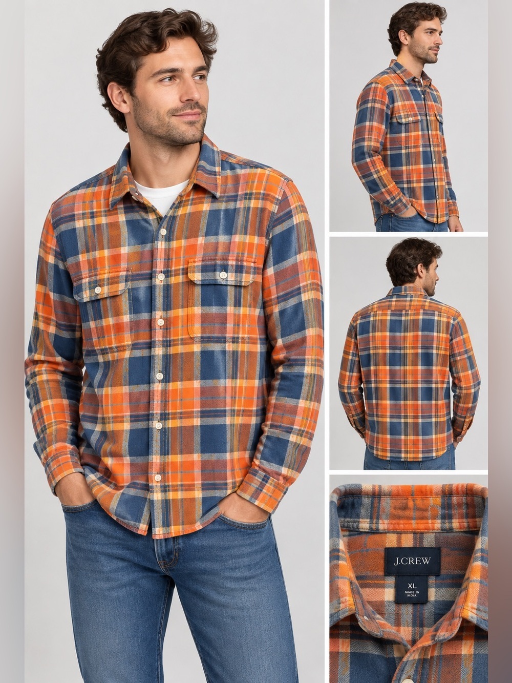 J. Crew Men's Orange and Blue Plaid Shirt XL